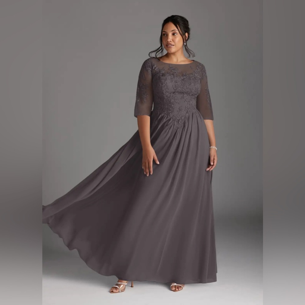 NWT Azazie "Mirielle" Grey Lace Embroidered Chiffon Evening Formal Gown Dress
